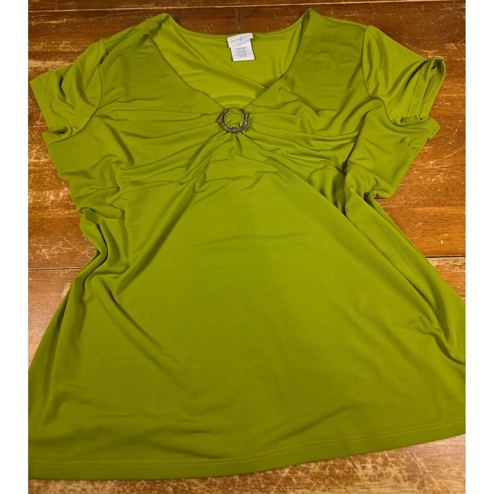 Jaclyn Smith Lime Green V-Neck Ring Detail Ruched Short Sleeve Top XL